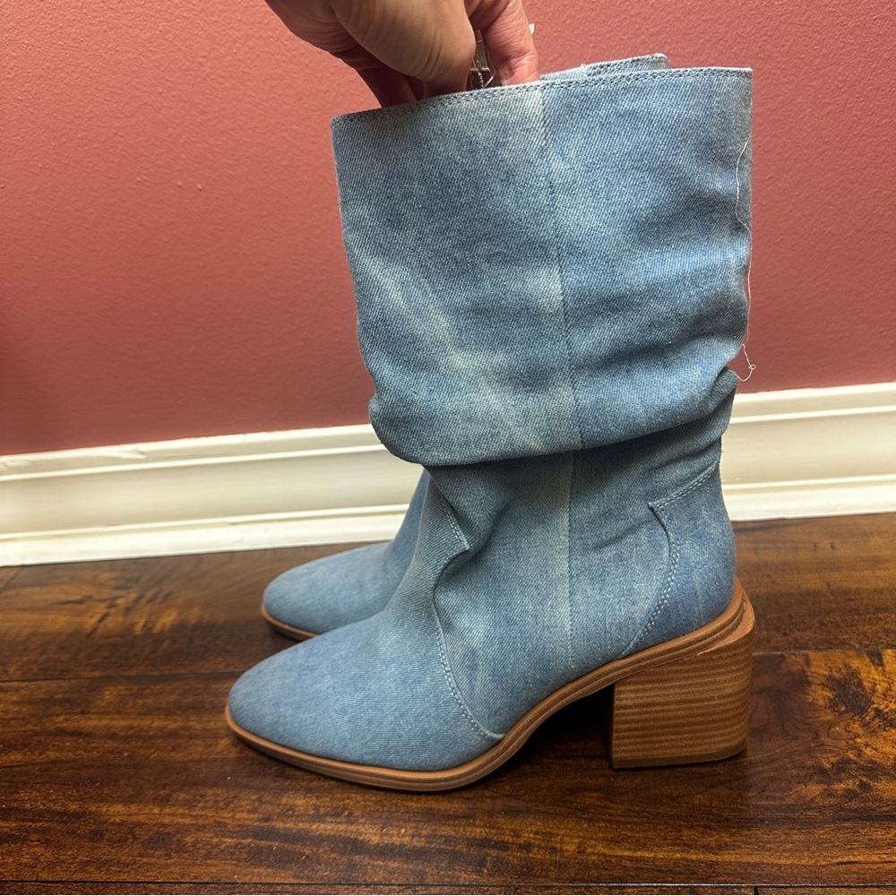 Vince Camuto Kenidra Blue Denim Slouch Square Heel Boot Size 8.5 - Picture 3 of 8